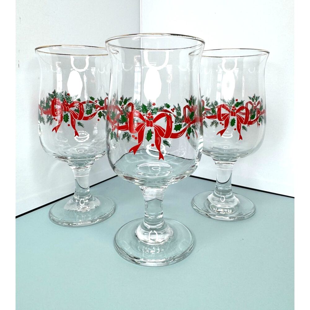 Vintage Libbey Glass Co. Holly Berries Wine Goblets w/Gold Rim Set of 3